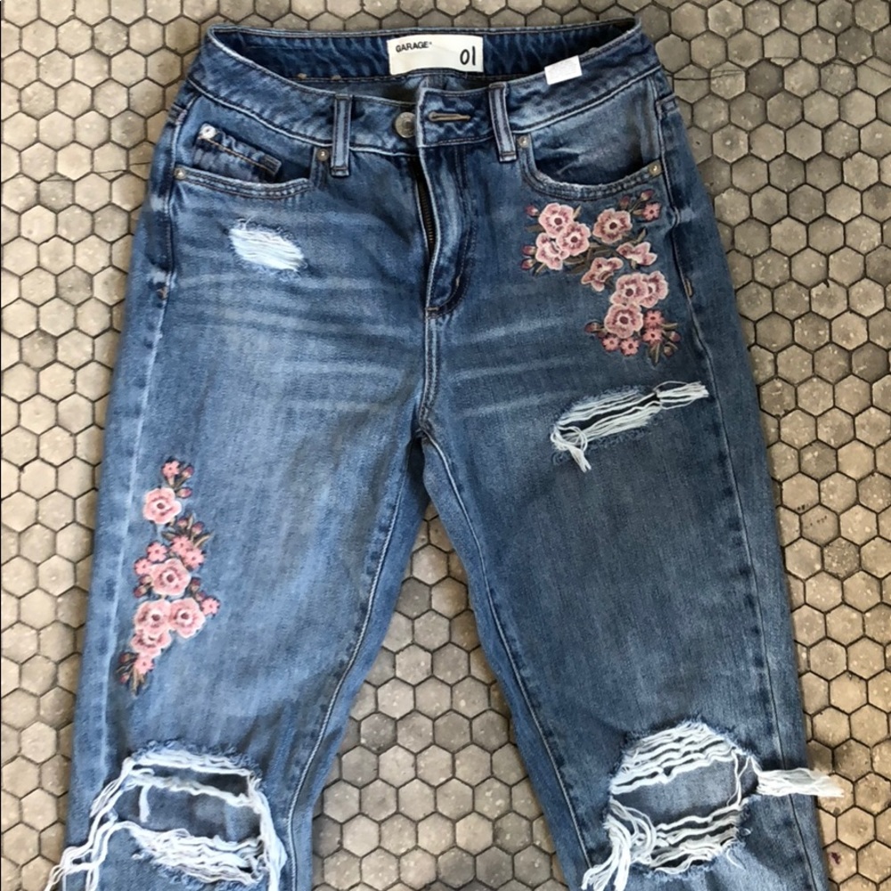 Garage Distressed Blue Jeans with Pink Floral Embroidery
